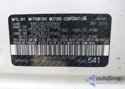 2020 Mitsubishi Outlander Es 2.4 из США, поврежденный, VIN JA4AD2A33LZ011663